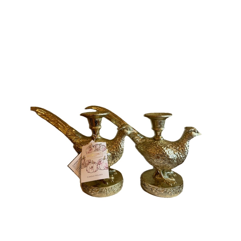 2 Shabby Chic Pheasant Candle Holders 7" x 12", Gold Glitter, Hard... - Picture 1 of 3